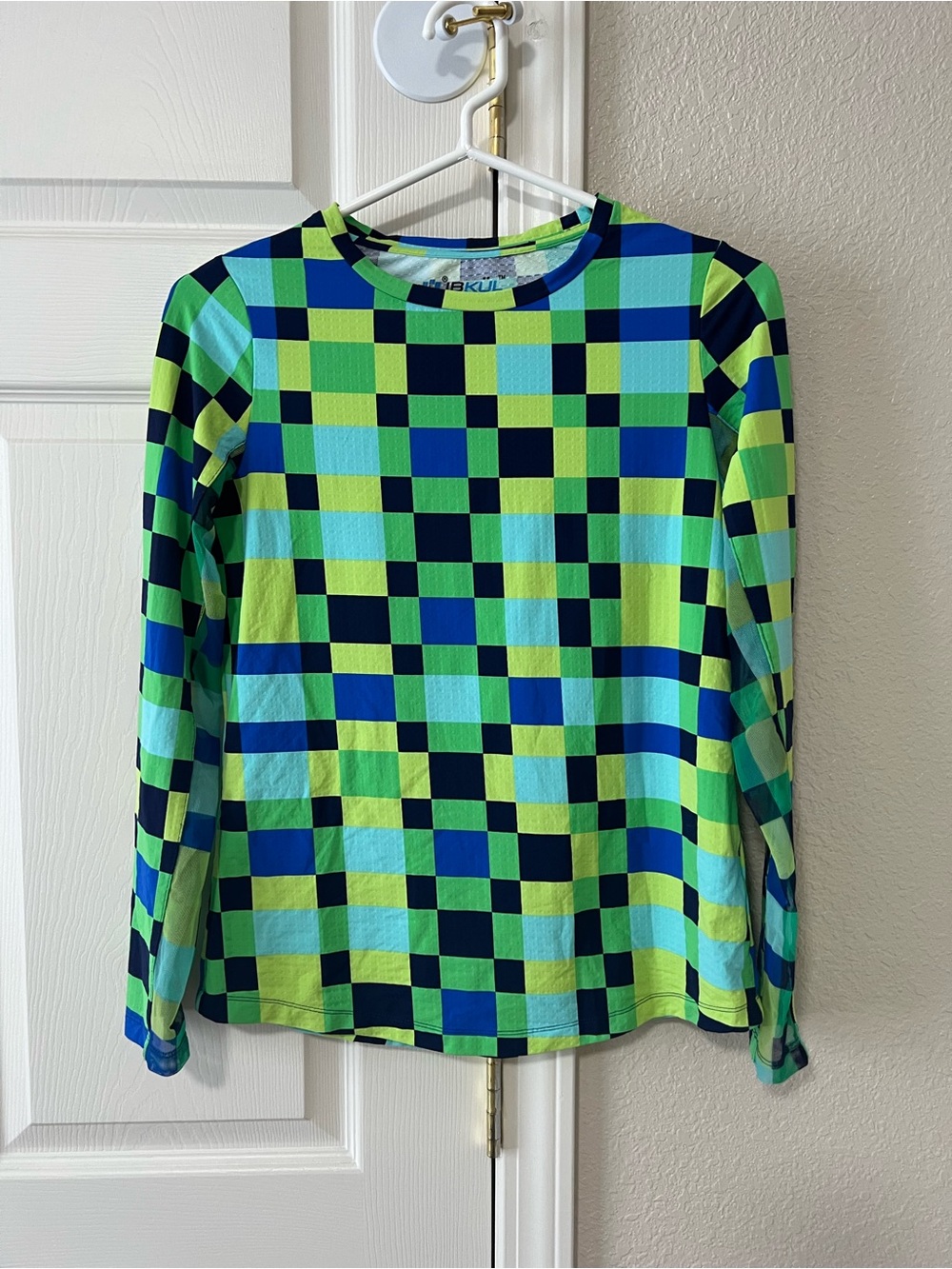 IBKUL Annalise Green Blue Check Print IceFil UPF 50+ Long Sleeve Sun Shirt Small